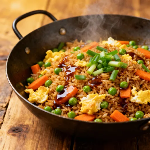 Colorful bowls and skillets of vegetable fried rice with egg, peas, carrots, green onions, and sesame seeds, in cozy kitchen and restaurant settings.