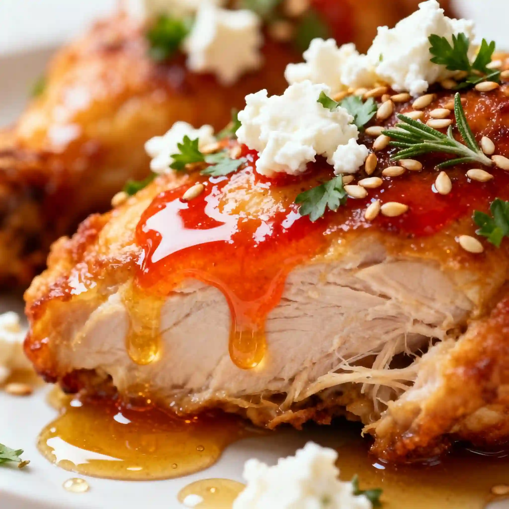 Glazed chicken breast garnished with feta, herbs, and chili flakes in a rustic kitchen setting.