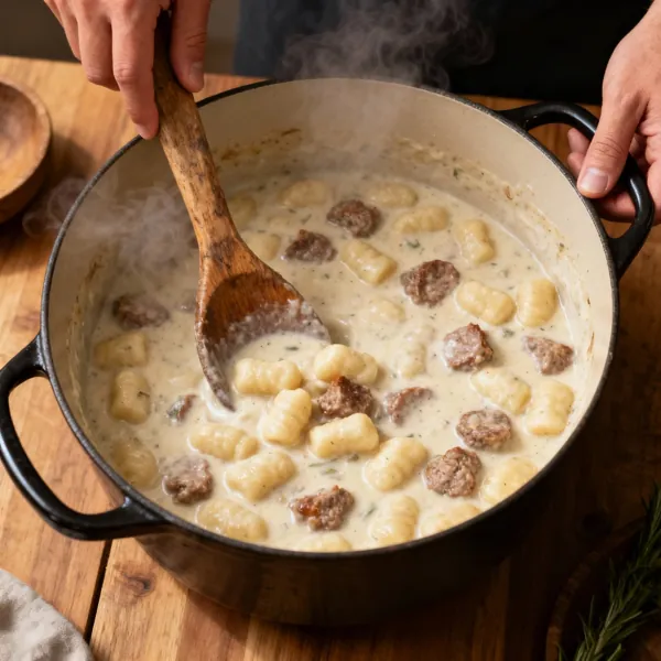 Four bowls of gnocchi soup with spinach and meatballs, surrounded by candles and bread.