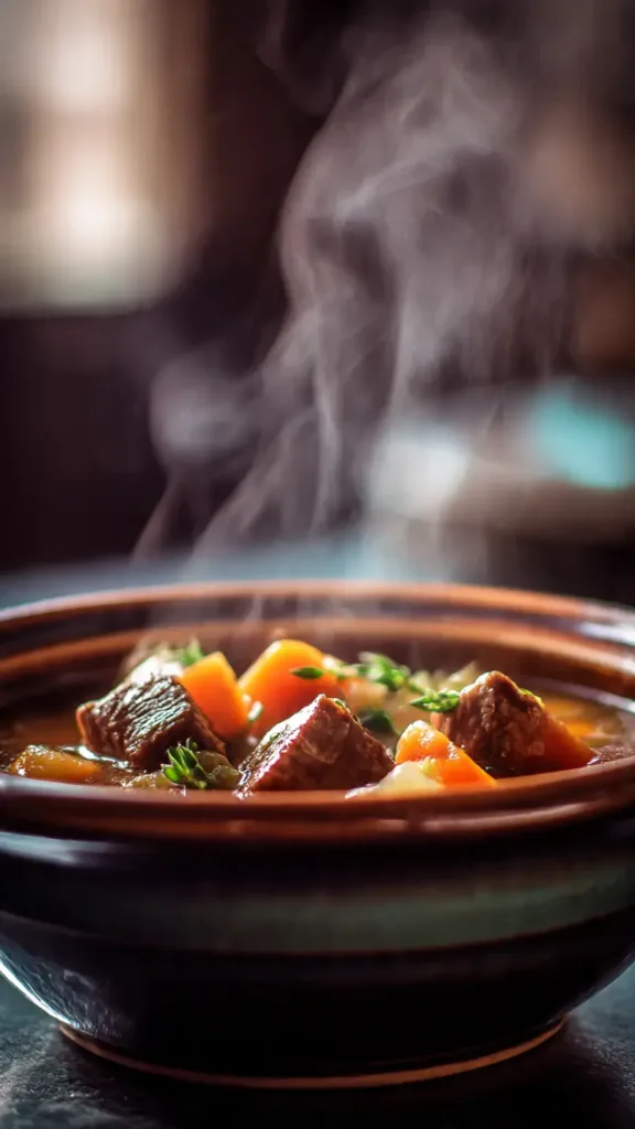 Pot roast soup garnished with chopped parsley.
