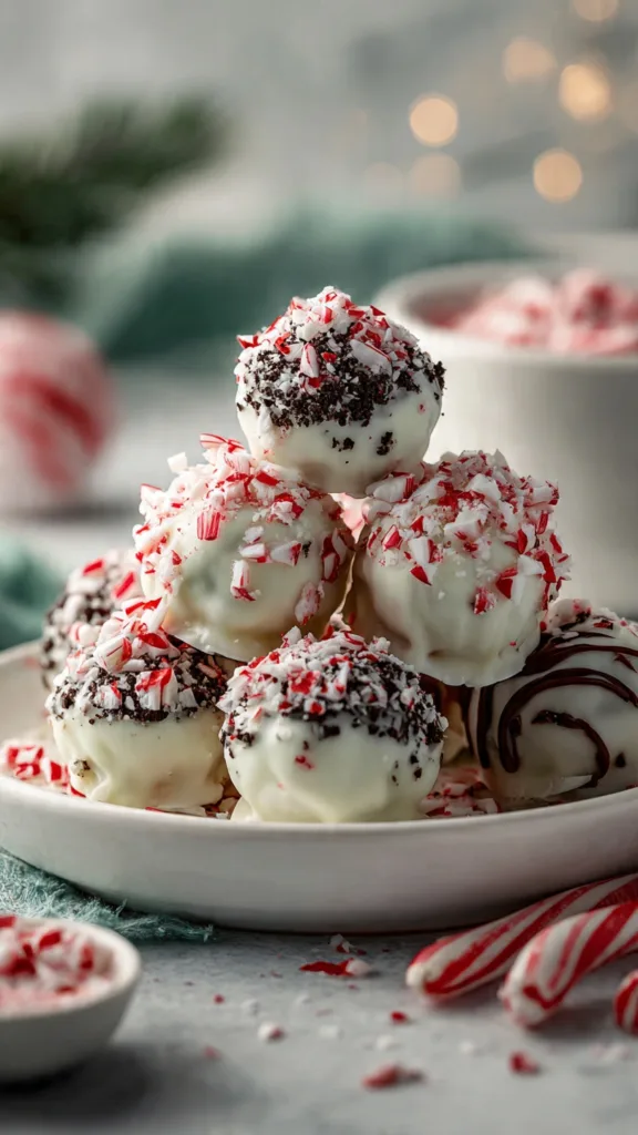Festive Peppermint Oreo Balls ready to serve.