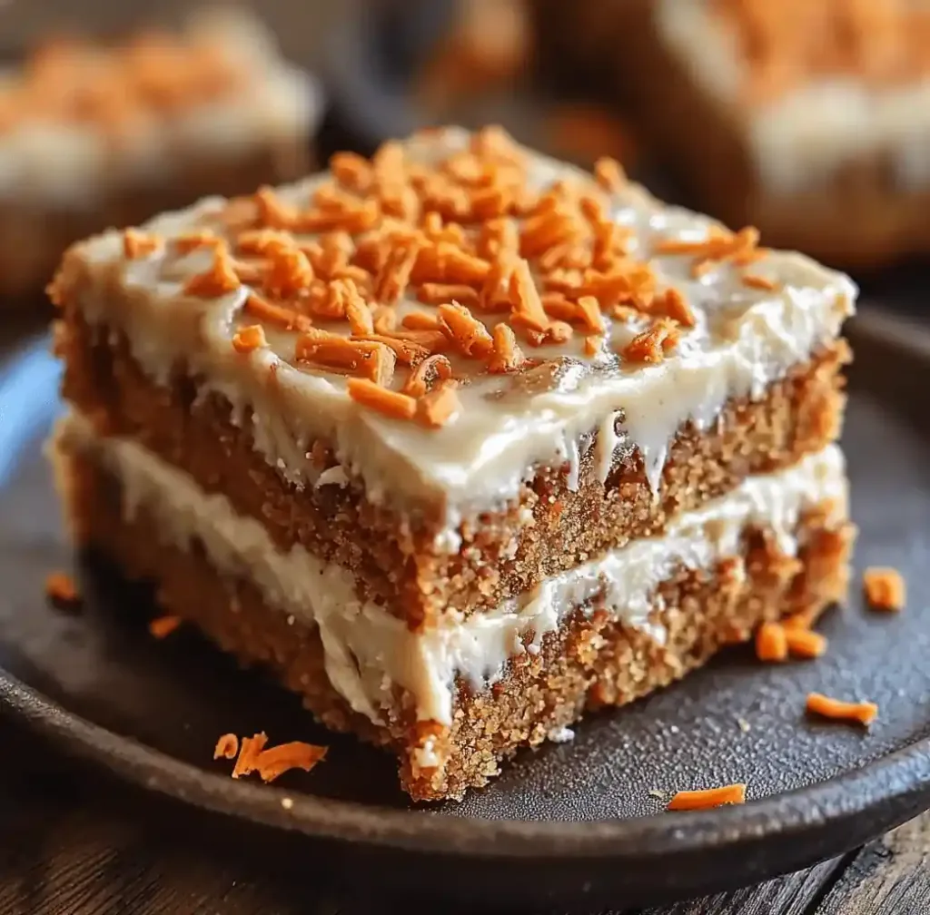 Hand spreading creamy maple frosting over carrot bars.