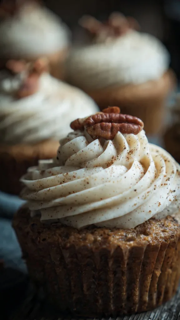 Overhead view of baked banana pecan cupcakes in a muffin tin.
