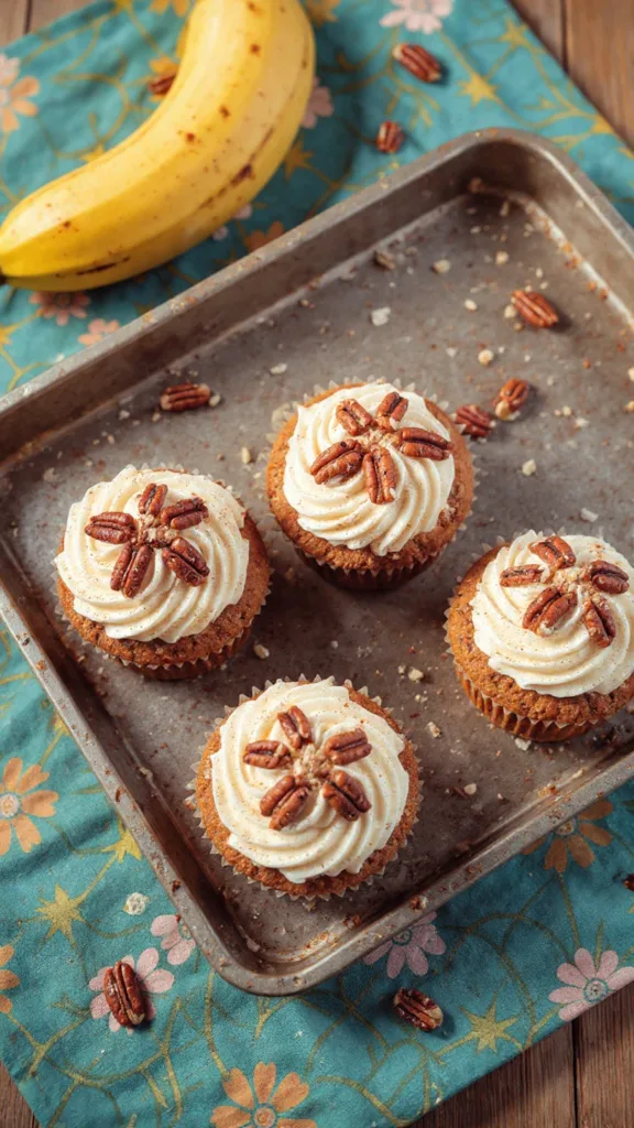 Fluffy banana cupcake with crunchy pecans inside.