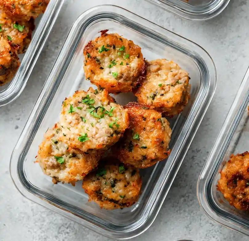 Bowl of mixed hashbrowns, sausage, cheese, and eggs for breakfast bites.