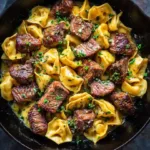 Skillet of cowboy butter steak bites mixed with cheesy tortellini.