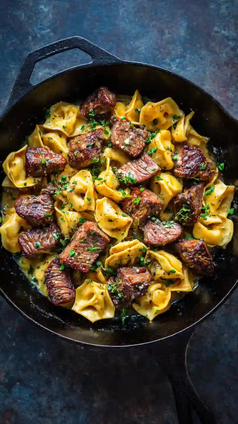 Skillet of cowboy butter steak bites mixed with cheesy tortellini.