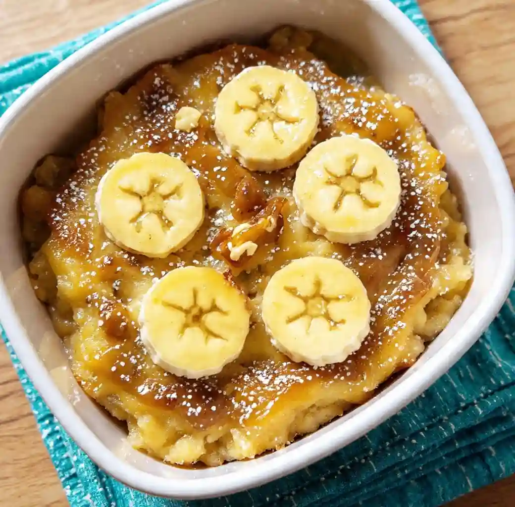 Close-up of banana bread cobbler showing golden top and banana slices.