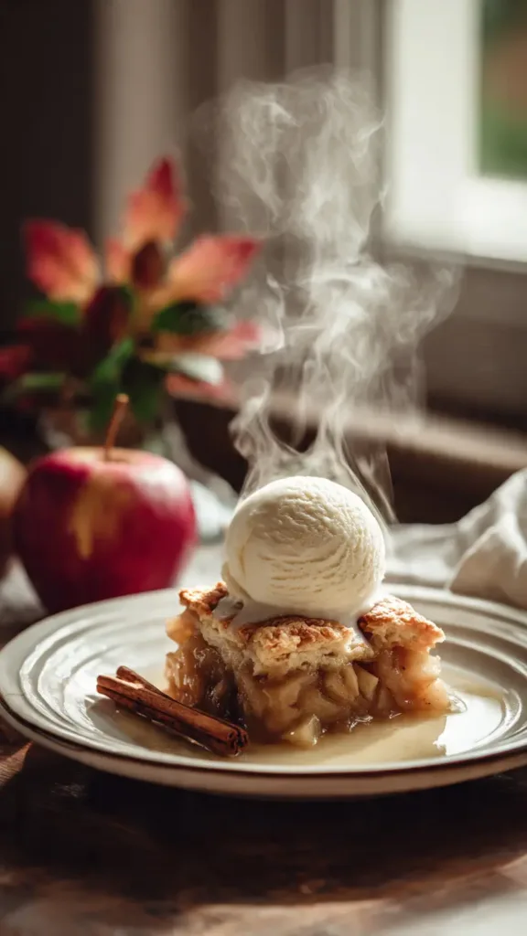 Close-up spoonful showing tender apples and biscuit topping.