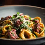 Tortellini coated in cowboy butter sauce in a skillet.