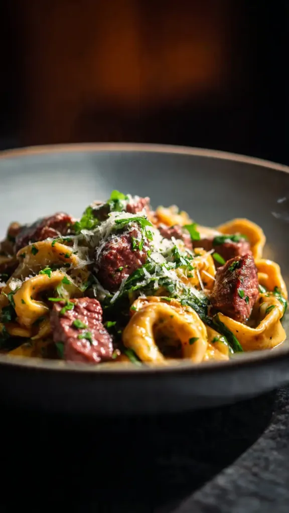 Tortellini coated in cowboy butter sauce in a skillet.