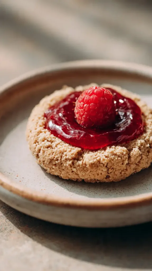 A beautifully styled cookie topped with a fresh raspberry on a neutral plate.