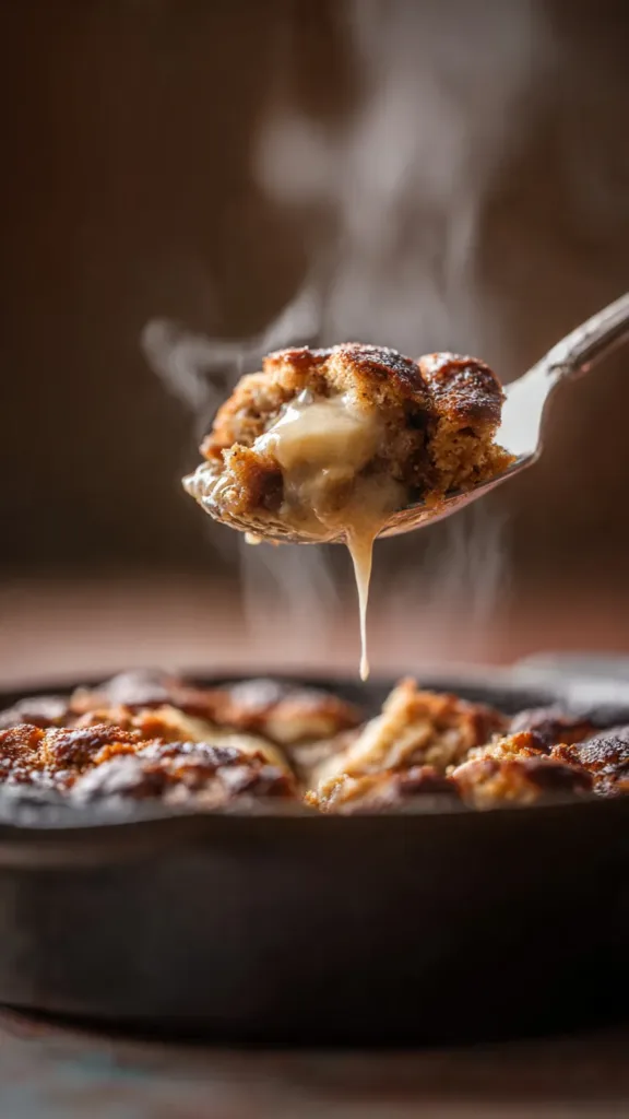 Banana bread cobbler baked in a white dish with golden crust.