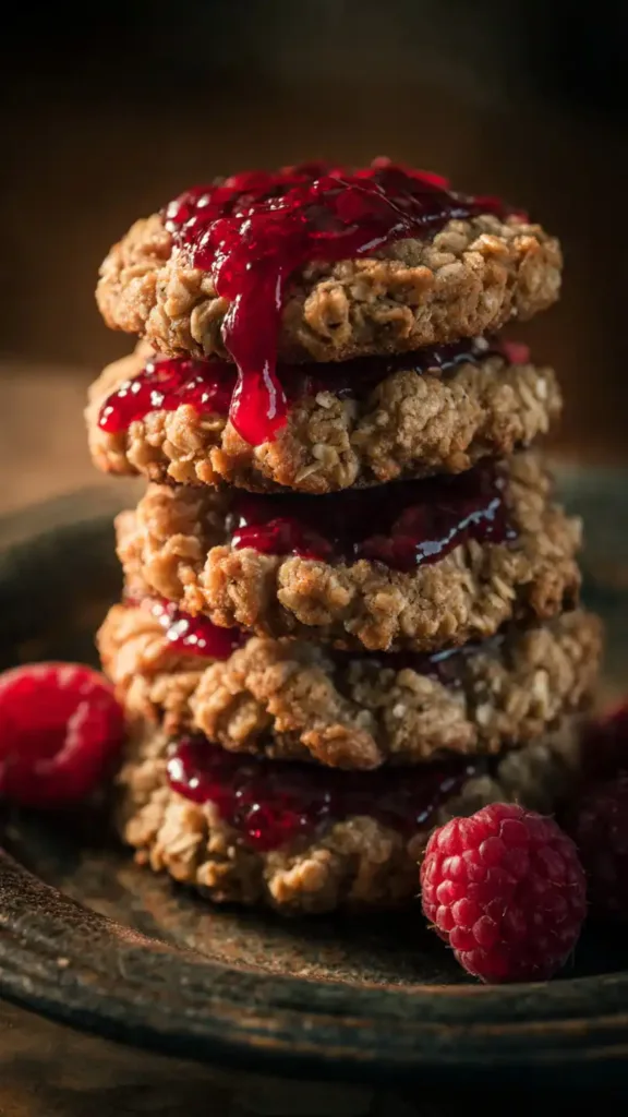 Soft oatmeal cookies filled with raspberry jam.