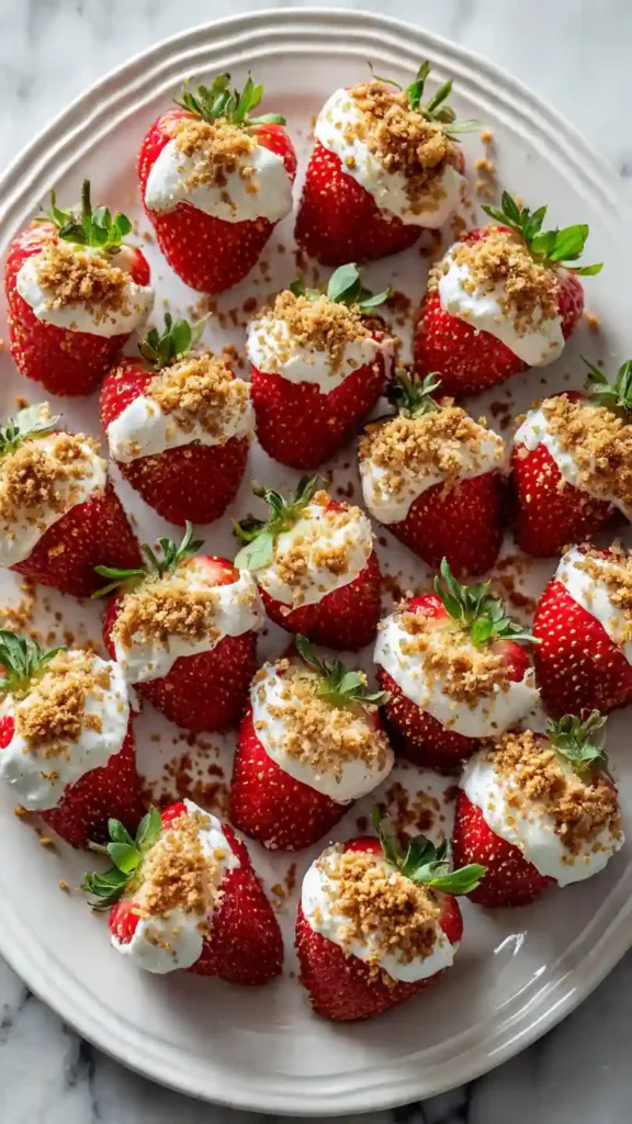 Close-up of piped cream cheese filling inside a strawberry.