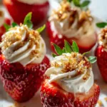Deviled strawberries with piped cream cheese filling and graham crumbs.