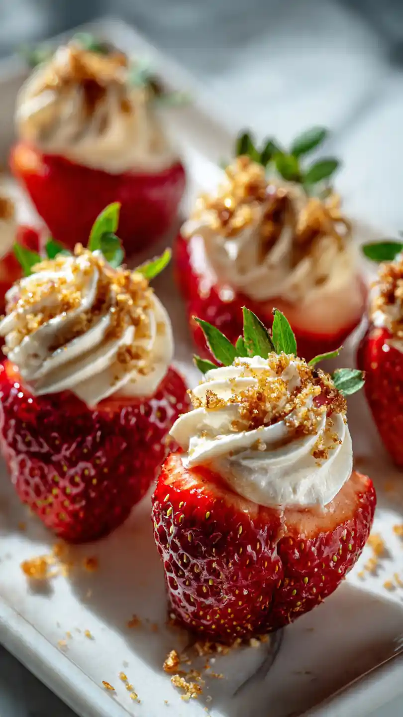 Deviled strawberries with piped cream cheese filling and graham crumbs.