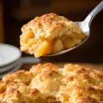 Golden biscuit-topped apple cobbler in a white baking dish.