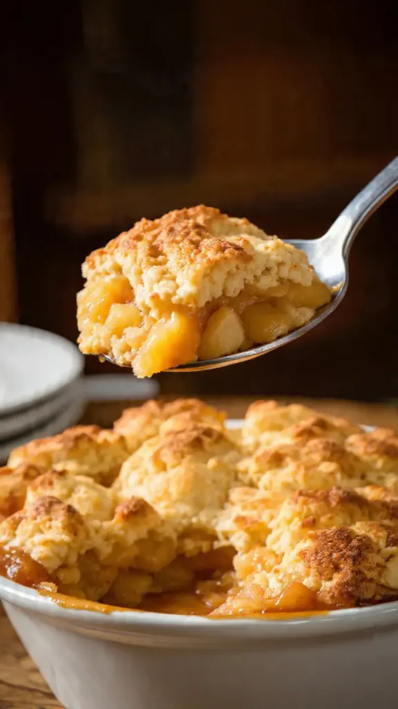 Golden biscuit-topped apple cobbler in a white baking dish.