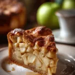Slice of moist apple pie cake on a white plate.