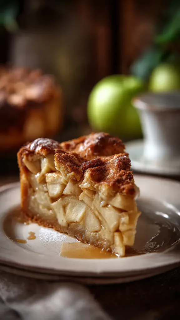 Slice of moist apple pie cake on a white plate.