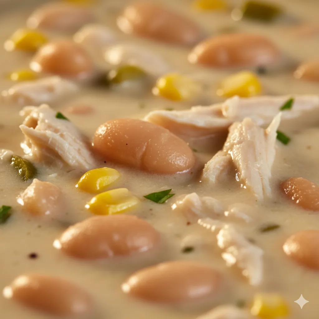 Creamy white chicken chili with beans, chicken, corn, and green chilies.