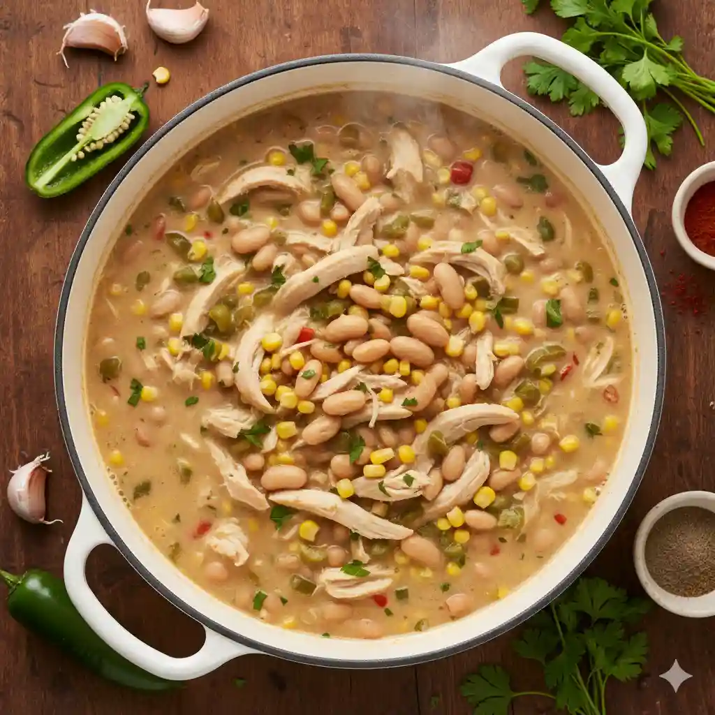 Close-up of creamy white chili with chicken and beans.