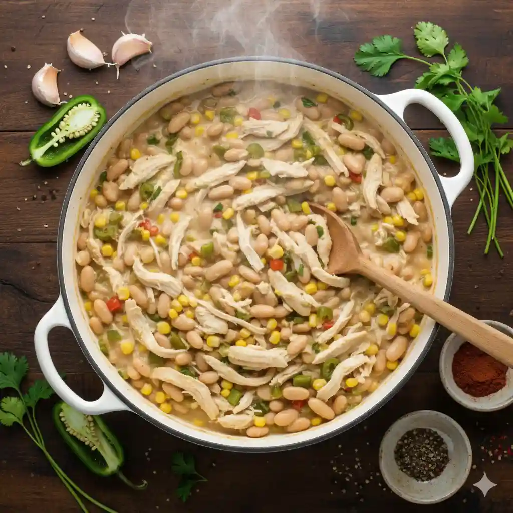 Ladle scooping creamy white chili with beans and chicken.