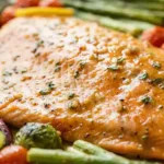 Sheet pan salmon with honey lemon garlic glaze and fresh vegetables.