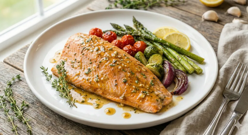 One-pan salmon dinner with vegetables.