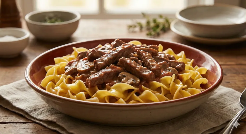 Easy weeknight beef stroganoff portioned for one.