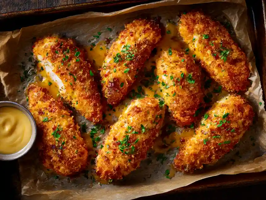 Chicken tender being coated with cheddar, Parmesan, and crushed crackers.