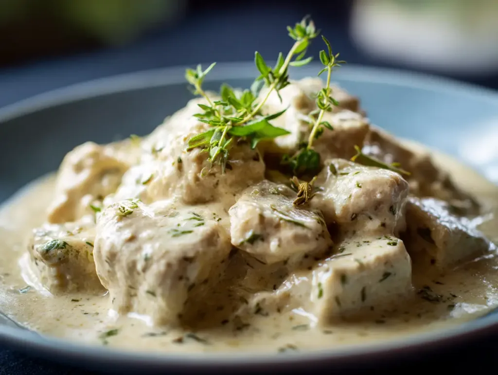 Creamy shredded keto chicken close-up