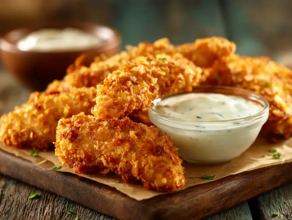 Plate of crack chicken tenders served with dipping sauce.