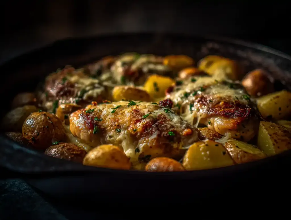 Garlic Parmesan chicken served with crispy roasted potatoes.