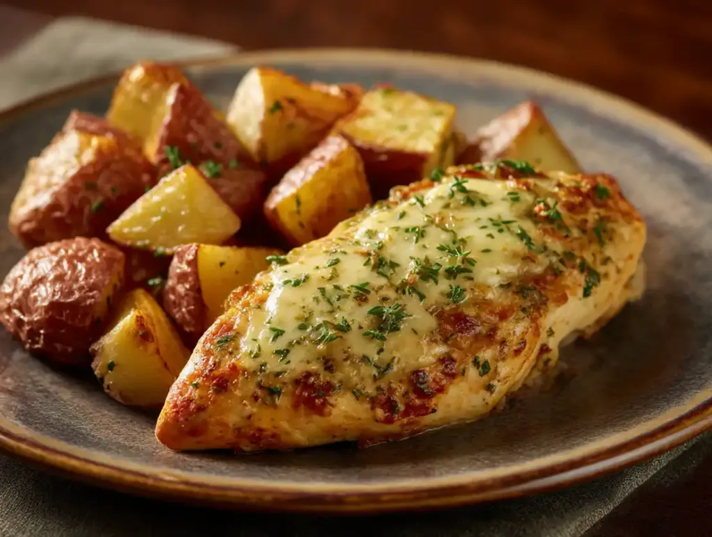 Sheet pan garlic Parmesan chicken and potatoes with crispy edges.