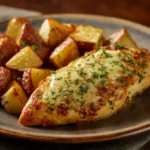 Sheet pan garlic Parmesan chicken and potatoes with crispy edges.