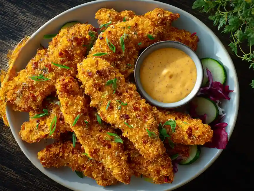 Baked crack chicken tenders with golden cheese crust on a sheet pan.