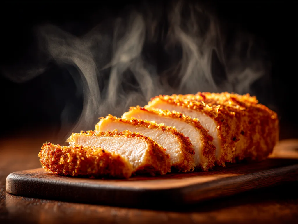 Close-up of Longhorn Steakhouse Parmesan Chicken with golden cheesy crust.
