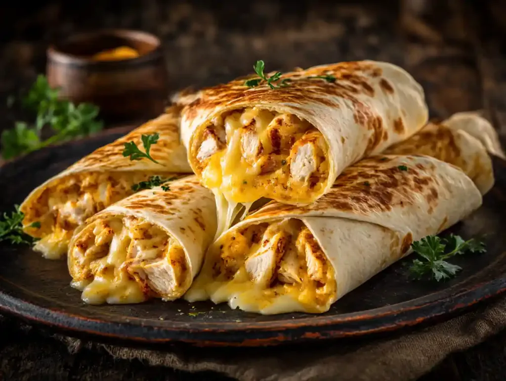 ooey-gooey cheesy garlic chicken wraps sliced open