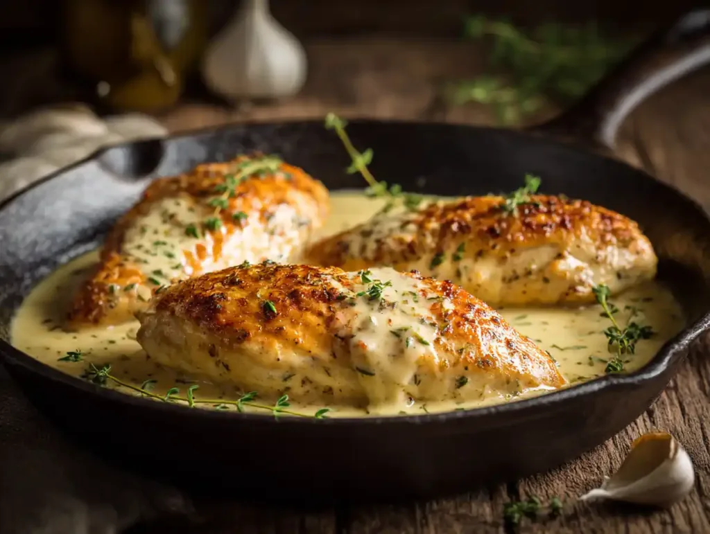 Roux and cream being whisked in a skillet.
