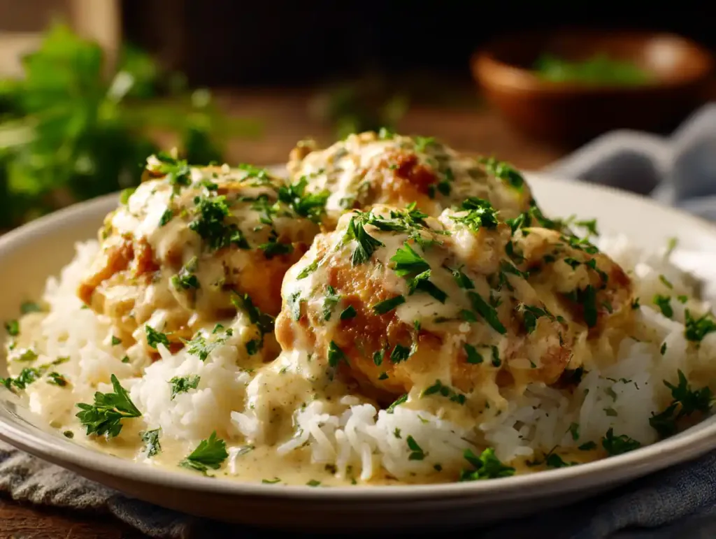 hicken breasts smothered in creamy garlic cheese sauce in a skillet.