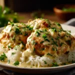 hicken breasts smothered in creamy garlic cheese sauce in a skillet.