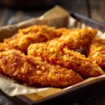 Crispy homemade baked chicken tenders on a tray.