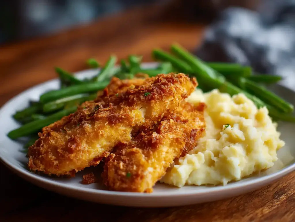 A process shot showing a hand breading chicken with panko and Parmesan.