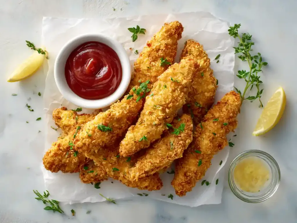 Baked chicken tenders served with dipping sauce.