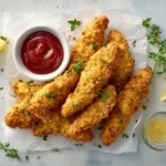 Baked chicken tenders served with dipping sauce.