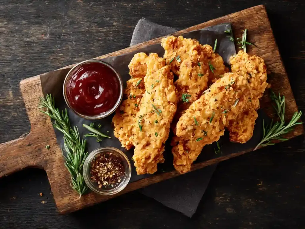 Baked chicken tenders served with mashed potatoes and greens.
