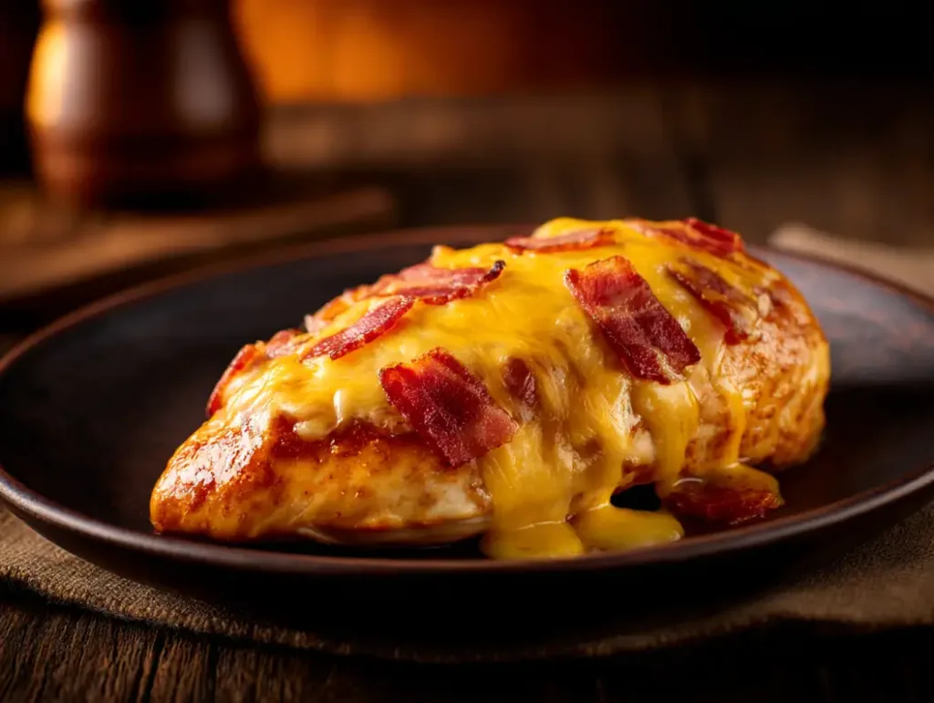 Juicy BBQ chicken topped with turkey bacon and melted cheddar