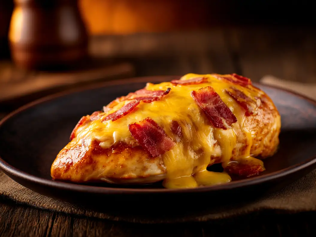 Juicy BBQ chicken topped with turkey bacon and melted cheddar